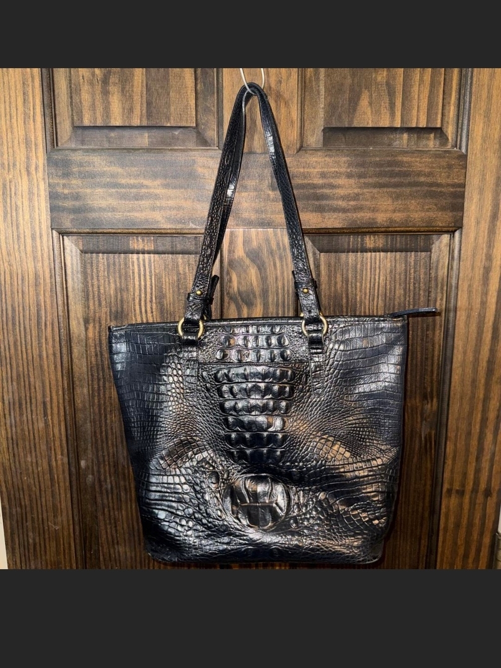 Brahmin Black Croc-Embossed Leather Tote with Tassel - Picture 2 of 5